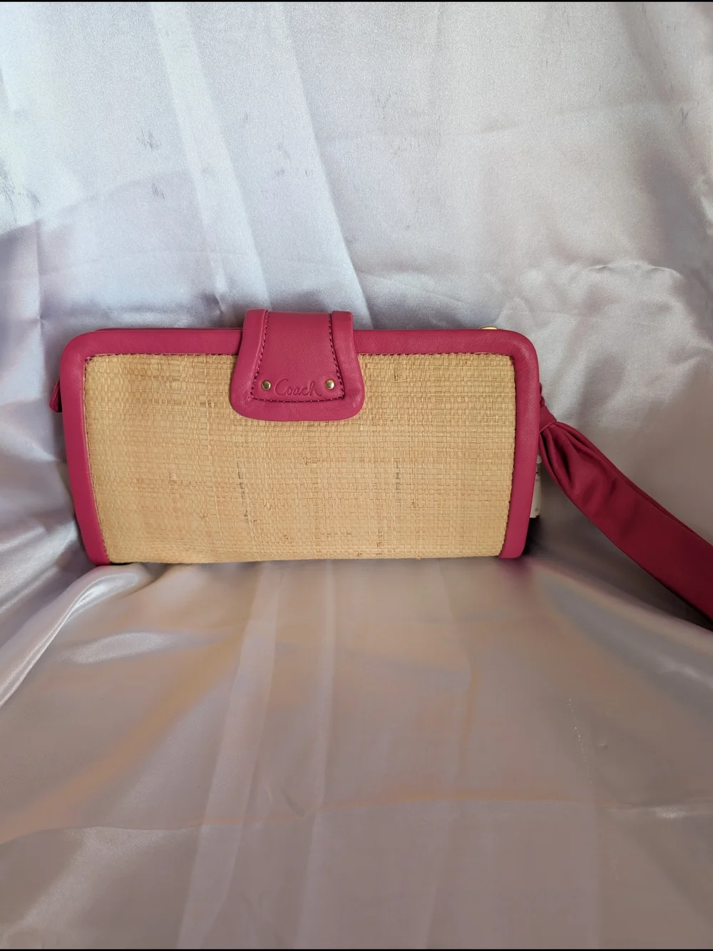 Coach Parker Straw & Pink Leather Turnlock Clutch Wristlet #42474 - Picture 6 of 6